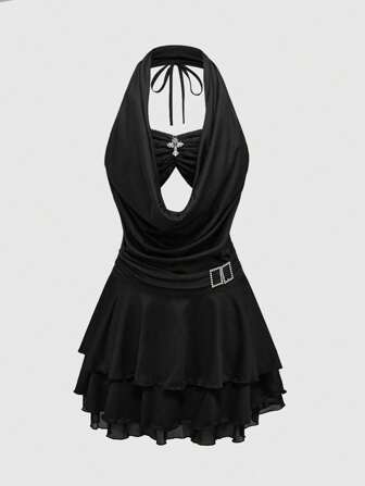 Vestido mini para mujer de estilo J-Fashion Y2K vintage con cintura plisada, cuello amplio drapedo y sin mangas