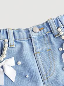SHEIN Young Girl White Pearl Decor Ribbon Bowknot Blue Ripped Denim Shorts - Light Wash - View 2