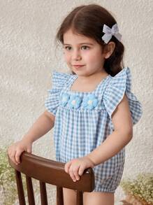 Blossori Baby Girls' Country Style Blue Plaid Ruffle Sleeve Bodysuit - Blue and White - View 4