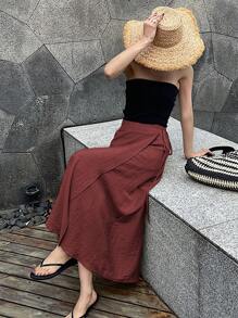 DAZY 女士纯色系带休闲长款裹身裙，夏季女装，夏季女装，夏季工作装，夏季女士套装，亚麻材质 - 酒紅色 - 查看 2