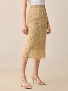 BizChic Woven Fabric Midi Skirt For Women Stylish Camel Fringe Design With Zipper - Camel - View 4