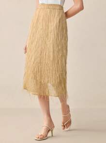 BizChic Woven Fabric Midi Skirt For Women Stylish Camel Fringe Design With Zipper - Camel - View 5