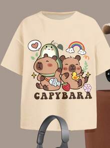 SHEIN 2 Stücke Set für Tween Mädchen mit süßem Capybara Muster, lockeres Kurzarm-T-Shirt und Shorts, Pastellfarbe, lässig und schlicht, geeignet für den Sommer
