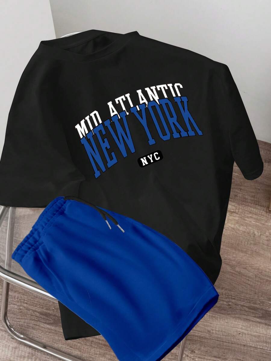 Manfinity Joysei 男士修身字母印花短袖T恤和梭织短裤套装 - 彩色 - 查看 1