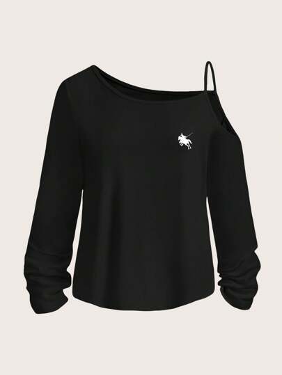 SHEIN Essnce Camiseta de mujer de manga larga de un hombro con estampado de caballero de estilo casual, apropiada para primavera