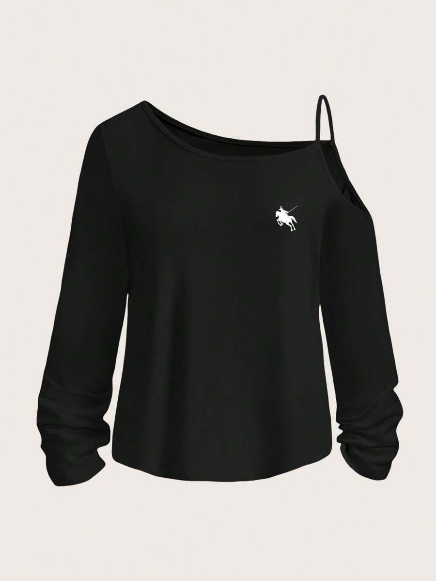 SHEIN Essnce Kaos Wanita Lengan Panjang Satu Bahu Motif Ksatria Kasual, Cocok untuk Pakaian Musim Semi dan Gugur - Hitam - View 1