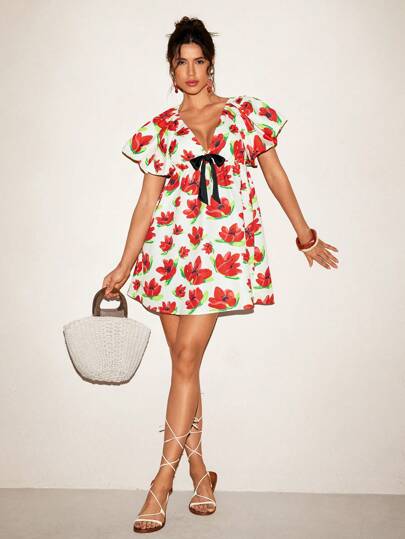 VALERIA GALIPOLI 花卉印花蝴蝶结V领泡泡袖女式可爱迷你连衣裙度假装