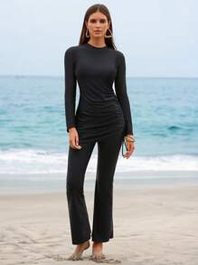 Swim Shayni 1 bộ đồ bơi liền thân cổ tròn dài tay loe màu trơn nhún bèo & quần dài loe cạp cao kín đáo 2 mảnh - màu đen - Xem 1