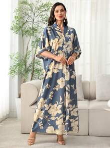 Al Najma 2025年夏季新款阿拉伯风格女式中袖长裙，花卉图案，度假休闲时尚长款开衫，端庄的长袍 - 藍色 - 查看 5