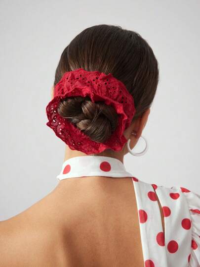 Kawaii 1pc Cute Red Fluffy Scrunchie, Fresh Natural Ditsy Floral Hollow Elastic Hair Tie, Unique Design Versatile Fashion Item Ponytail Holder Hair Rope