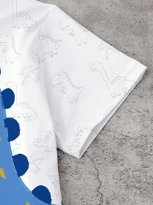1 pièce Ensemble t-shirt à manches courtes et shorts pour tout-petits avec impression mignonne de grand dinosaure et ligne de dinosaure. Tenue légère de tous les jours adaptée pour le printemps/l'été