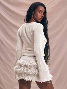 MUSERA Long Sleeve Soft Flare Sleeve Top Holiday Soft Serve Airport Holiday Back To School Autumn Fall Winter  ,Elegant - Cream - View 3