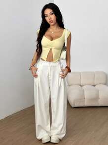 SHEIN EZwear Solid Ruched Split Hem Crop Tee For Summer - Yellow - View 4