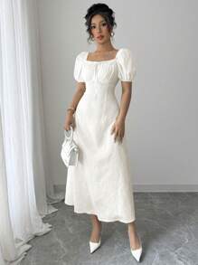 Modelyn 法式优雅方领收腰修身长裙 - 白色 - 查看 5