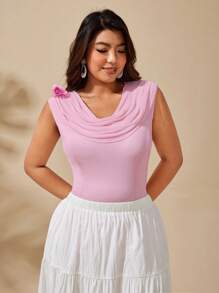 Sunserae Plus Size Women Solid Color Draped Neck Slim Fit Fashion Camisole - Pink - View 5