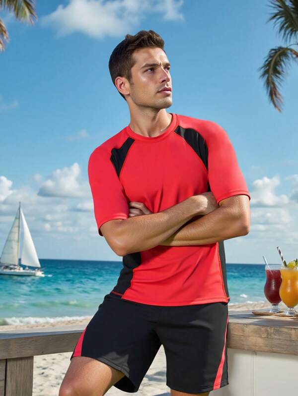 Manfinity VDAYZ Men's Round Neck Short Sleeve Casual Rashguard Swimsuit Set With Raglan Sleeves For Summer, Hawaiian