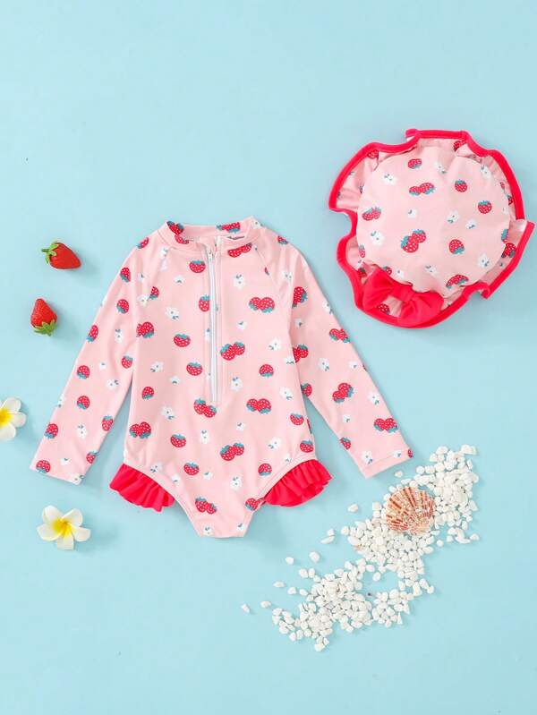 SHEIN Costum de baie pentru bebeluși cu mânecă lungă, imprimeu căpșuni și volane, cu fermoar și imprimeu pentru bebeluși