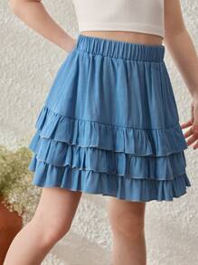 Blossori Young Girls' Country Style Blue Multilayer Ruffle Hem Midi Skirt - Blue - View 5