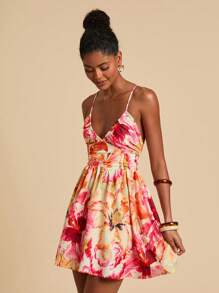 Travachic Women's Sleeveless V-Neck Summer Waist Gathered Pink Floral Camisole Dress,Boho Garden Party Holiday Holiday Beach Vacation Outfits Bohemian Western - Multicolor - View 5