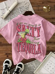 Glissea Summer Casual Slogan Print Round Neck Short Sleeve T-Shirt - Baby Pink - View 6