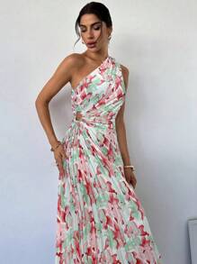 Firerie 女士优雅度假海滩渐变花卉印花褶皱单肩镂空抽绳中长连衣裙，夏季