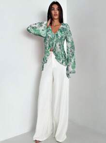 Firerie 女式花卉印花雪纺宽松袖系带秋季衬衫 - 綠色 - 查看 5