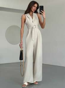 Aloruh 全新优雅简约纯色棕色性感深 V 腰带装饰连体裤，宽腿办公室通勤时尚服装 - 駝色 - 查看 1