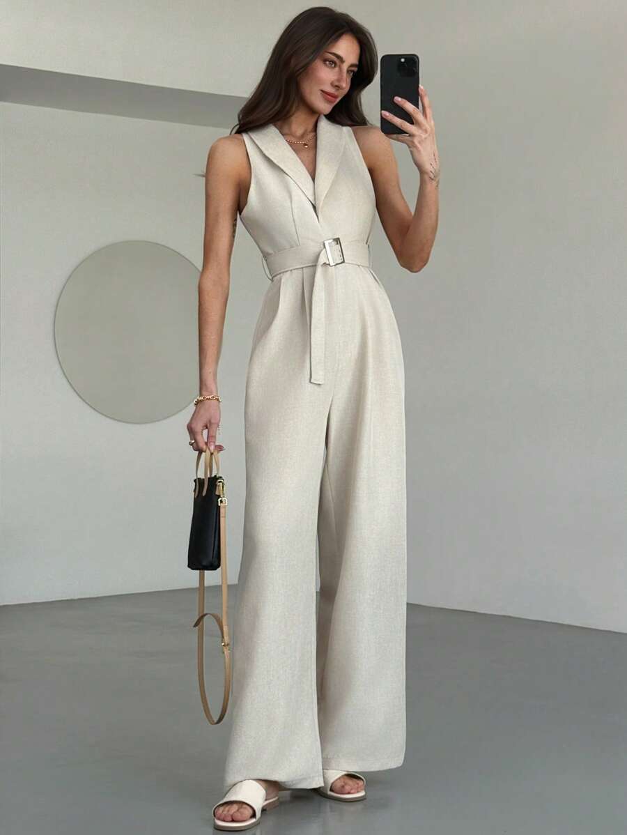 Aloruh 全新优雅简约纯色棕色性感深 V 腰带装饰连体裤，宽腿办公室通勤时尚服装 - 駝色 - 查看 1