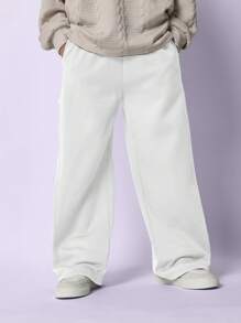 SUMWON 阔腿工装风运动裤，宽松直筒剪裁，休闲日常穿着，适合秋冬季 - 白色 - 查看 4
