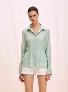 Chiquease Chemise ample à manches longues, à couleur unie et à simple boutonnage pour femmes