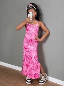 SHEIN 青少年女孩休闲街头风格针织几何印花细肩带开衩下摆连衣裙 - 玫紅色 - 查看 11