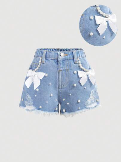 SHEIN Young Girl White Pearl Decor Ribbon Bowknot Blue Ripped Denim Shorts