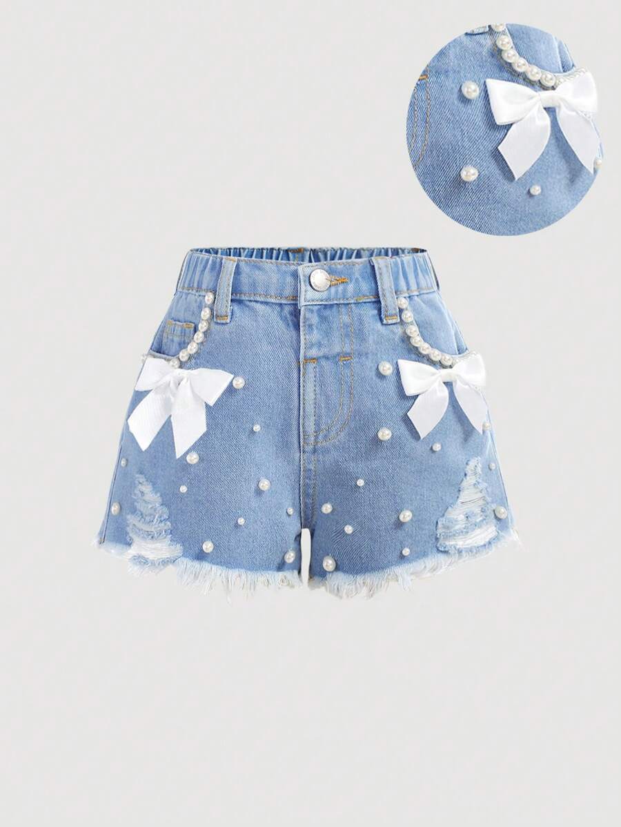 SHEIN Young Girl White Pearl Decor Ribbon Bowknot Blue Ripped Denim Shorts - Light Wash - View 1