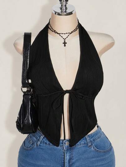 SHEIN ICON 加大码黑色露背系带蝴蝶结针织上衣，前系带蝴蝶结上衣，Y2K 基本款露背衬衫