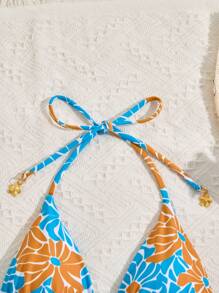 Women Retro Daisy Print String Tie Halter Neck Tankini Swimsuit Set For Summer Beach Vacation - Multicolor - View 5