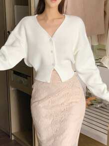 DAZY Áo len cardigan thắt eo màu trơn thường ngày cho nữ, thu/đông, dài tay - trắng - Xem 8