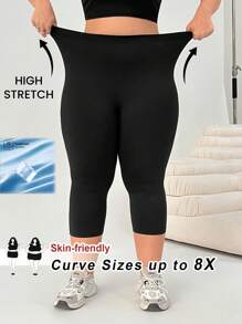 SHEIN CURVE+ 大码女士黑色运动套装，紧身高弹七分裤，夏季/乡村/海滩度假装/沙滩装/沙滩服饰 - 黑色 - 查看 9