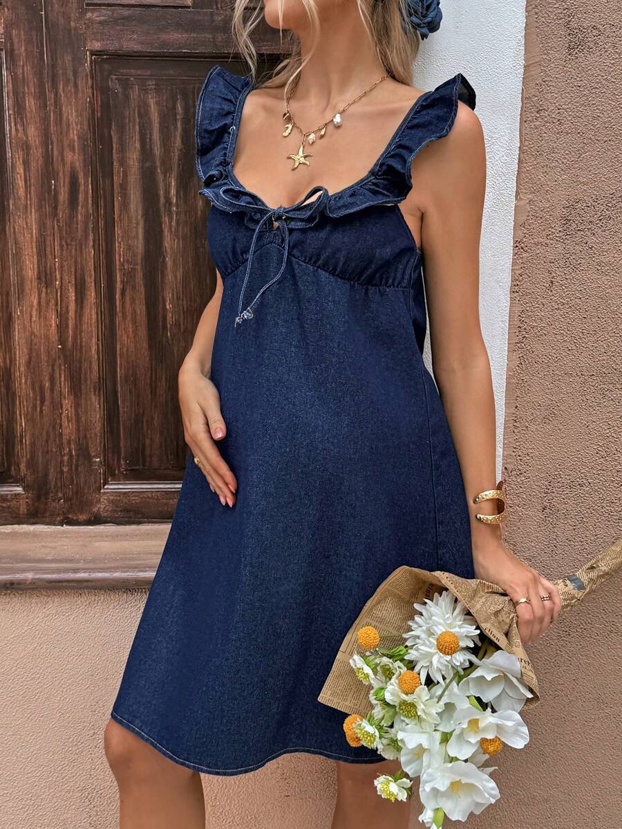 SHEIN 孕妇休闲牛仔无袖连衣裙，蓝色 - 藍色 - 查看 1