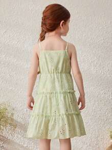 Blossori Young Girls' Country-Style Beige Hollow Embroidered Voile Sleeveless Dress - White - View 2