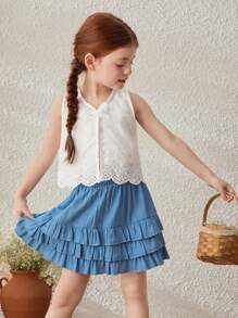Blossori Young Girls' Country Style Blue Multilayer Ruffle Hem Midi Skirt - Blue - View 7
