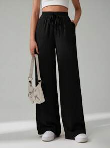 SHEIN Tall Pantaloni casual larghi da donna a vita alta, di colore unico, con cintura
