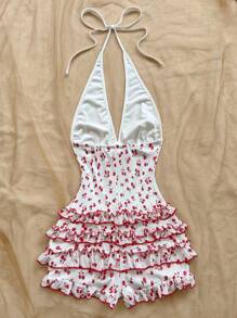 Soleia Tuta da donna vintage con stampa a ciliegie, scollo a V, collo alto, volant sulla gonna, stile casual da vacanza, adatto per il ritorno a scuola, matrimoni, tè pomeridiani, festival musicali - Rosso e Bianco - Visualizzare 2