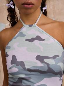 COUREZ 不对称迷彩印花中长连衣裙 / 女士夏季穿搭 Y2K 复古风夏季连衣裙