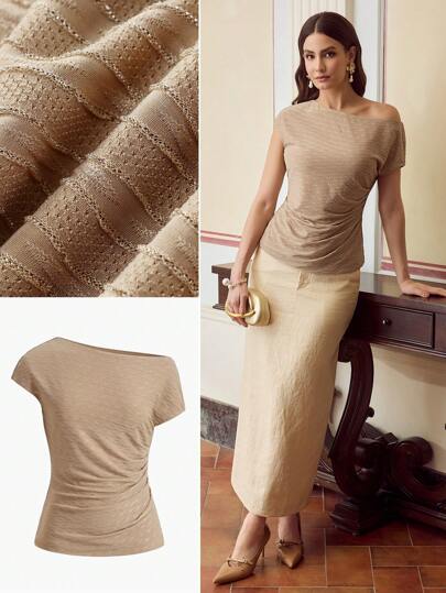 ZEYLAH Camiseta de punto de manga corta con hombros descubiertos y unicolor, moda minimalista para mujer