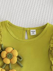Conjunto de top con volante asimétrico y decoración de flor 3D en manga corta y pantalones para niñas pequeñas, ropa informal y linda para uso diario