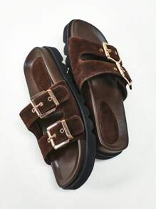 Solezae Women Chunky Buckle Decor Thick Bottom Basic Everyday Comfort Outdoor Suede Brown Flat Slipper Sandals Vacation Shoes Casual Shoes Beach Shoes Mother's Day Present - Brown - View 4