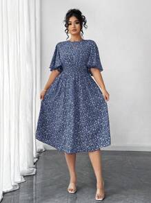 Elenzga 加大码女式碎花圆领荷叶边袖腰 A 字中长连衣裙，优雅户外穿着 - 藍色 - 查看 5