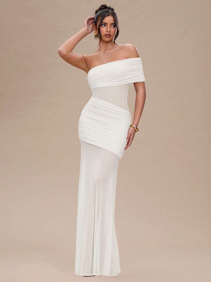 SHEIN BAE 女士夏季服装纯杏色褶皱性感透视长裙女士夏季连衣裙女士生日礼服 - 白色 - 查看 1