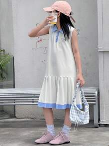 Dazy Kids Váy xếp ly không tay màu khối cho bé gái tuổi teen, mùa hè, quần áo trở lại trường - trắng - Xem 6