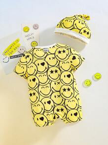 SmileyWorld® | SHEIN Baby Boy Cartoon Smiling Face Pattern Yellow Cute Playful Hooded Romper Set